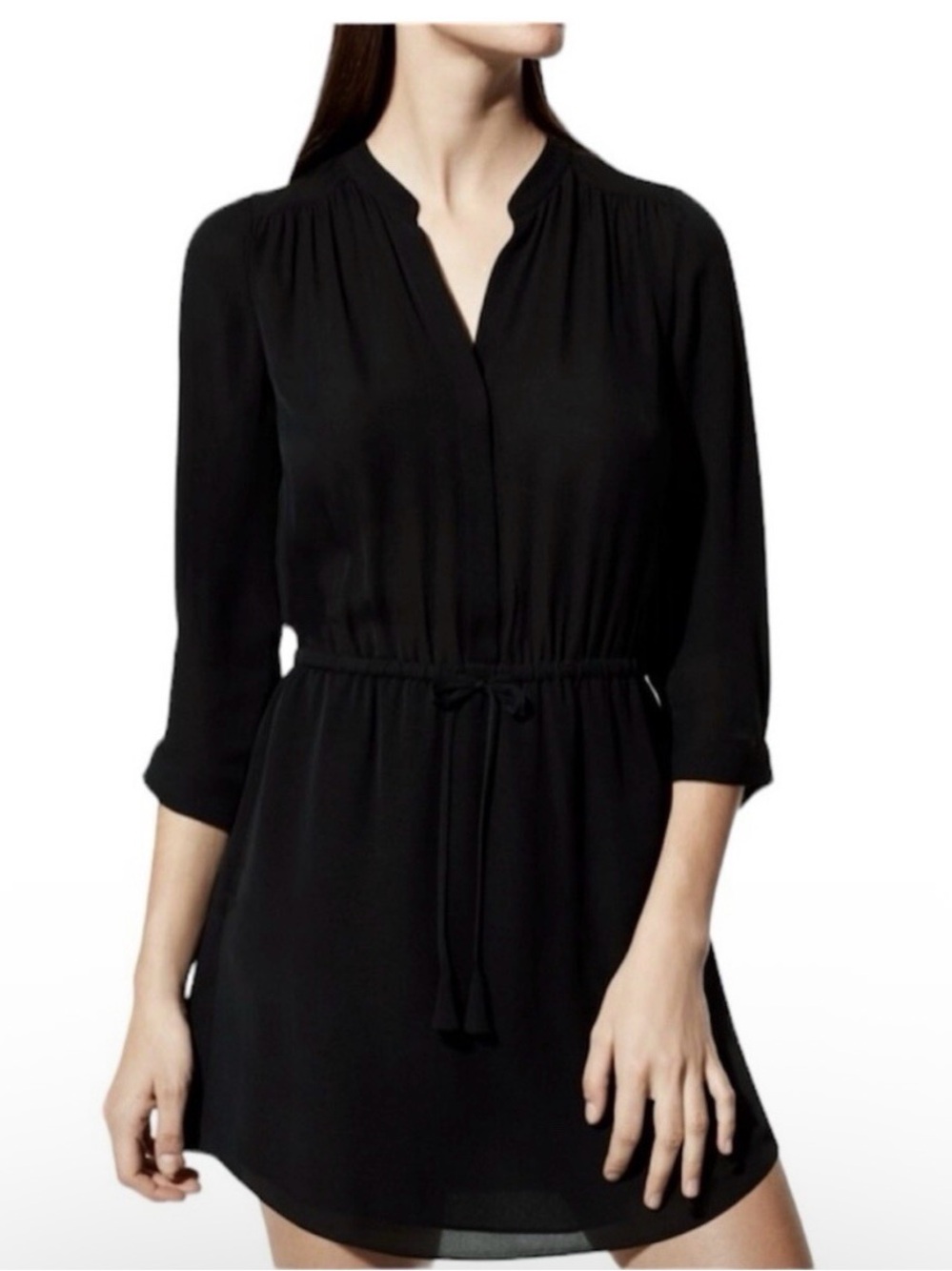 Babaton Bennett Dress Sz XS Womens Black Shirt Waist Tie 3/4 Sleeve Mini Pockets